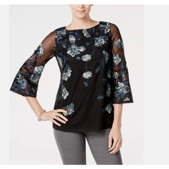 Charter Club Semi-Sheer Black Teal Embroidered Floral Top with 3/4 Sleeve, Sz XL - Picture 1 of 9